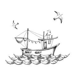Sailing boat on the waves with sea gulls, isolated composition on a white background hand drawn in graphic style. Eps vector illustration. For prints, posters, cards, stickers.