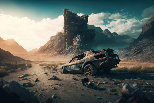 Post-apocalypse: The End of the World. Rusty car and terribly ruined landscape | Generative AI Production