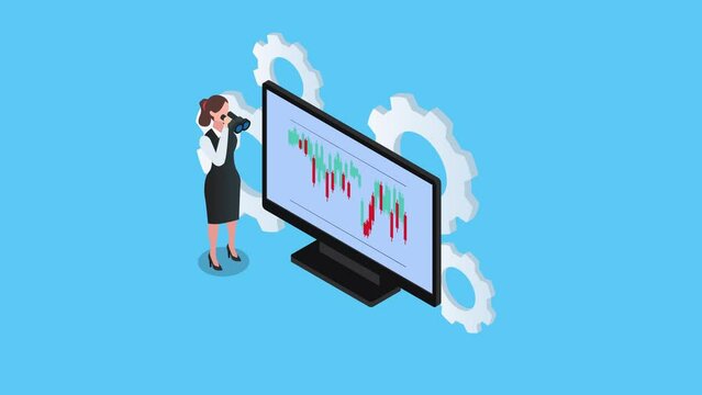 Female investor looking through binoculars with stock graph monitor