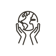 Hands holding planet earth globe vector thin line icon. Minimal illustration for concepts of environment awareness, ecology, traveling, freedom, globalization