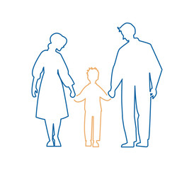 Father and mother figure holding hands with child. Mom with dad and son. Vector illustration for concepts of family.