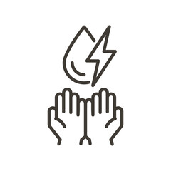 Drop and bolt symbols with hands. Vector thin line icon linear stroke outline illustration. Electricity and water, renewable energies or supplement concepts