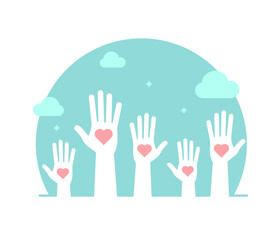 Obraz premium Volunteers and charity work. Raised helping hands. Vector icon background banner illustrations with a crowd of people ready and available to help and contribute. Positive foundation, business, service