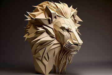 Side view lion head model made of paper, origami animal predator. Polygonal image, Generative AI