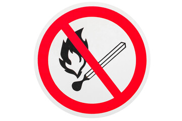 Photo round prohibitory sign isolated on white background. Starting fire is prohibited. Burning...
