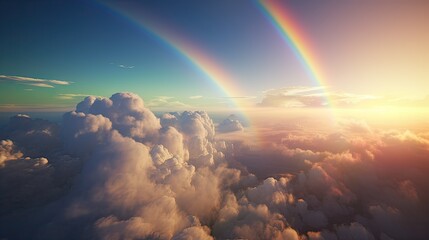 Rainbow in Blue sky with cloud. Beautiful landscape with multi colored with rainbow. Generative Ai.