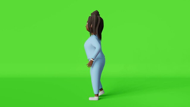 African American body positive woman 3D animation character racewalking 4K loop on chromakey side view. Multiracial plus size diverse girl sportswear walking cycle. Active lifestyle weight loss walk.