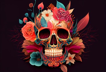 Day Of The Dead Skull With Flowers. Generative AI