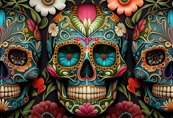 Calavera Sugar Skull 3d Computer-Generated Image Made To Look Hyperrealistic In A Unique Artistic Style, Isolated, Floral Skull For Dia De Los Muertos. Repeating Seamless Pattern. Generative AI