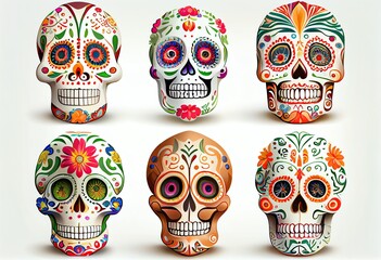 Collection Of Day Of The Dead Sugar Skulls With Floral Ornament. Mexican Skull. Illustration On White Background. Generative AI