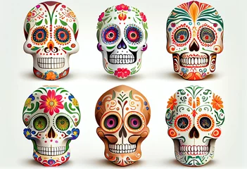 Muurstickers Schedel Collection Of Day Of The Dead Sugar Skulls With Floral Ornament. Mexican Skull. Illustration On White Background. Generative AI