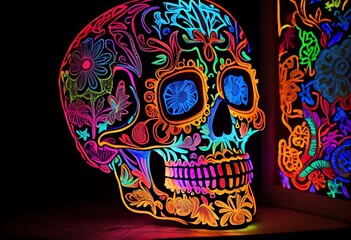 Day Of The Dead Sugar Skull, Blacklight Painting. Generative AI