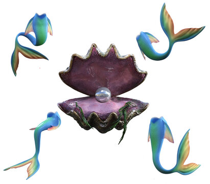 3d render shell perl and mermaid tails