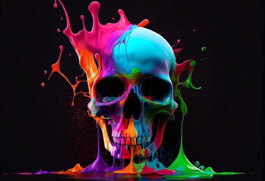Beautiful Photo Human Skull Splashed In Colorful Paint. Generative AI
