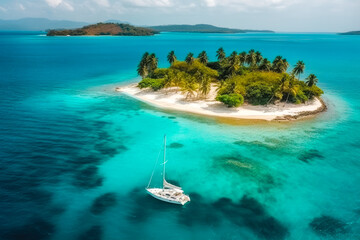 Naklejka na ściany i meble White sailing yacht in turquoise waters near a small tropical island. High quality generative ai