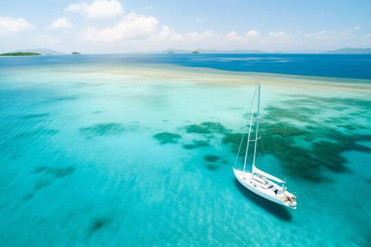 White sailing yacht in turquoise waters near a small tropical island. High quality generative ai