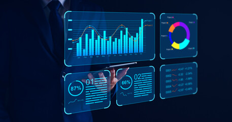 Data analyst working on business analytics dashboard with charts, metrics and KPI to analyze...