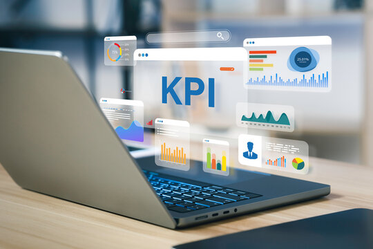 analytics dashboard of Key Performance Indicator (KPI) using Business Intelligence (BI) metrics to measure achievement versus planned target, person touching screen icon, and success.