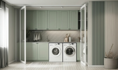 Fototapeta na wymiar Modern stylish mint-coloured kitchen, generative AI