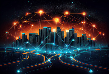 Smart city and connection technology concept, illustration of big data. Generative ai