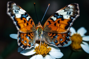 Fototapeta na wymiar Incredibly butterfly wings with colors. Tropical butterfly with amazing colorful pattern sitting on a flower macro. Ai generated