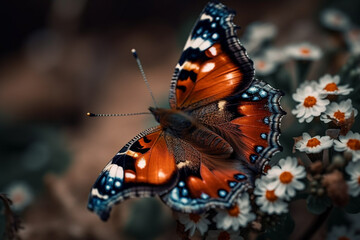 Obraz premium Incredibly butterfly wings with colors. Tropical butterfly with amazing colorful pattern sitting on a flower macro. Ai generated