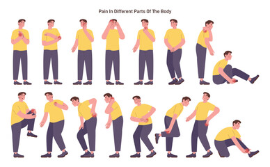 Different types of pain on human body parts. Ache, stiffness, and tension