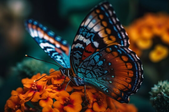 Incredibly butterfly wings with colors. Tropical butterfly with amazing colorful pattern sitting on a flower macro. Ai generated