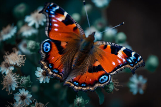 Incredibly butterfly wings with colors. Tropical butterfly with amazing colorful pattern sitting on a flower macro. Ai generated