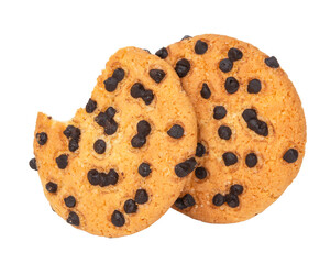 die cut dark chocolate chip cookies piece stack and crumbs on white background of closeup tasty bakery organic homemade American biscuit sweet dessert