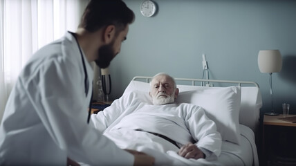 Obraz premium Doctor Have Discussion with Senior Man Lying in the Bed, Health Care Professionals at Work