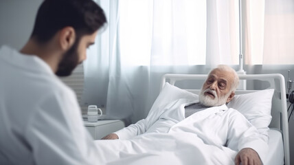 Doctor Have Discussion with Senior Man Lying in the Bed, Health Care Professionals at Work
