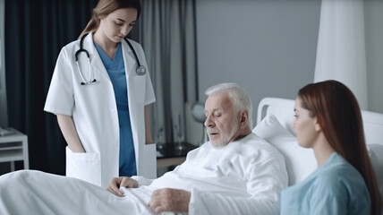 Doctor Have Discussion with Senior Man Lying in the Bed, Health Care Professionals at Work