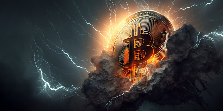Abstract Bitcoin image glows from lightning strike. Strengthening and growth of cryptocurrency. Generative AI