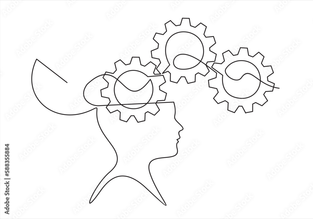 Poster human head with gears inside in continuous one line drawing. concept of creative brain process and t