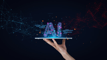 AI tool for Technology smart robot science and artificial intelligence technology, and innovation futuristic and global connection for providing access to information and data online network, - obrazy, fototapety, plakaty