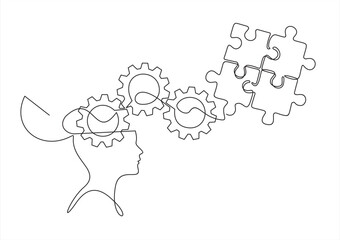 head with gears and puzzle.continuous line