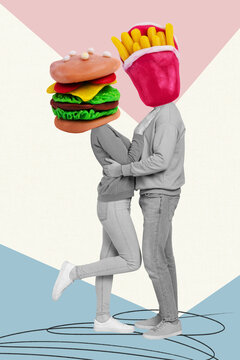 Naklejki Funny collage of headless couple hugs enjoy junk food more calories tasty american burger potato fries isolated on drawn background