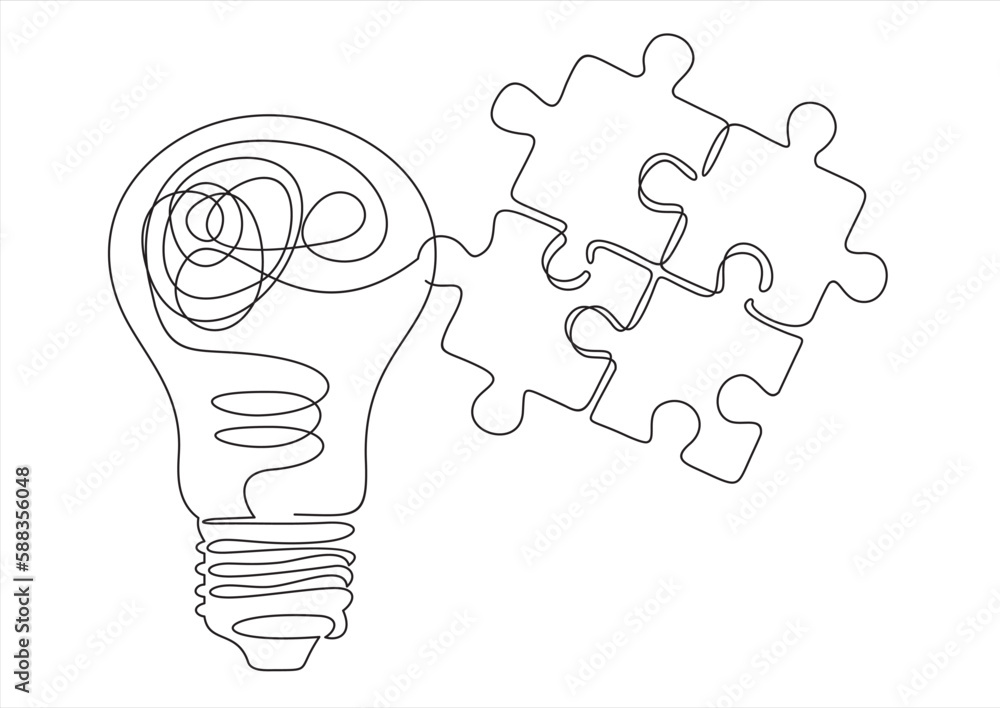 Aufkleber one single line drawing of light bulb with pieces of puzzles forming logo identity. teamwork smart c
