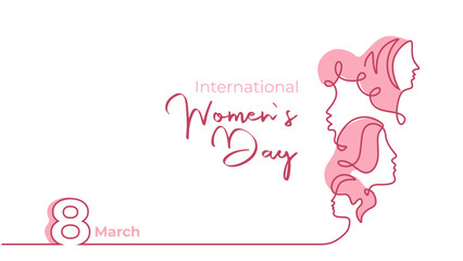 International womens day card. Diversity women. Vector illustration continuous one line drawing with pink colors background.