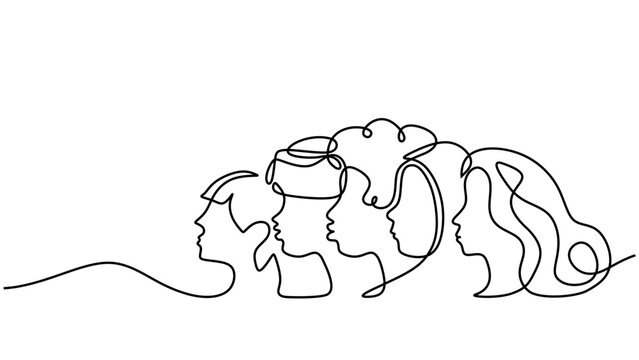 Multicultural Sisterhood: A Celebration of International Women's Day through Equality, Solidarity, and Cooperation. Continuous one line drawing vector illustration, minimalist design.