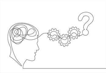 Human head open with question mark, gear. Dealing with problem and finding solution concept. Man creates new idea, solves issues. Violent brain activity, creating optimal solution.continuous line