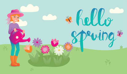 Hello Spring vector illustration. Season lettering with girl with watering can. Girl watering flowers. Banner in cartoon style.