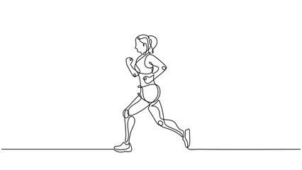 Fototapeta na wymiar Runner one line drawing. Continuous single hand drawn sketch. Woman run on the road. Girl doing exercise sport.