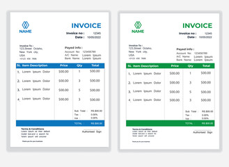 Business Minimal Corporate Invoice design template vector illustration bill form price . Creative template and stationery design payment agreement design template Cash Memo, Vector Quotation Design