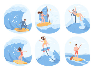Summer beach sport. Character doing different water activity. Man and woman