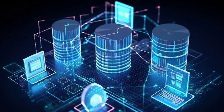 Big data flow technology and data science illustration concept. Concept of data research, data mining, business analytics, querying, analysing and visualizing complex information. Generated AI