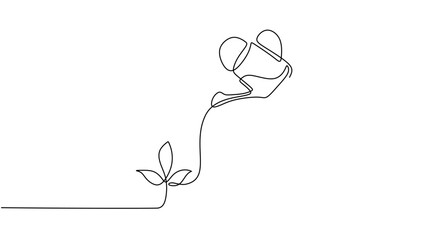Watering plant continuous line drawing - obrazy, fototapety, plakaty