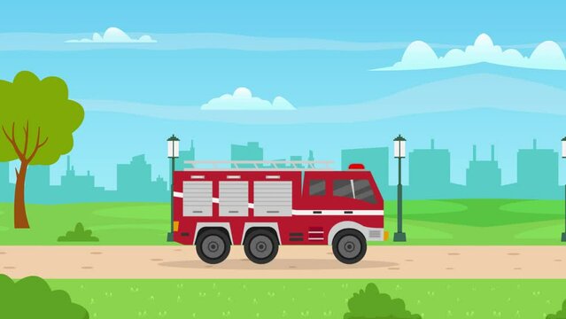 Side view of firefighter animation truck moving on the road