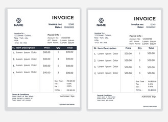 Business Minimal Corporate Invoice design template vector illustration bill form price . Creative template and stationery design payment agreement design template Cash Memo, Vector Quotation Design